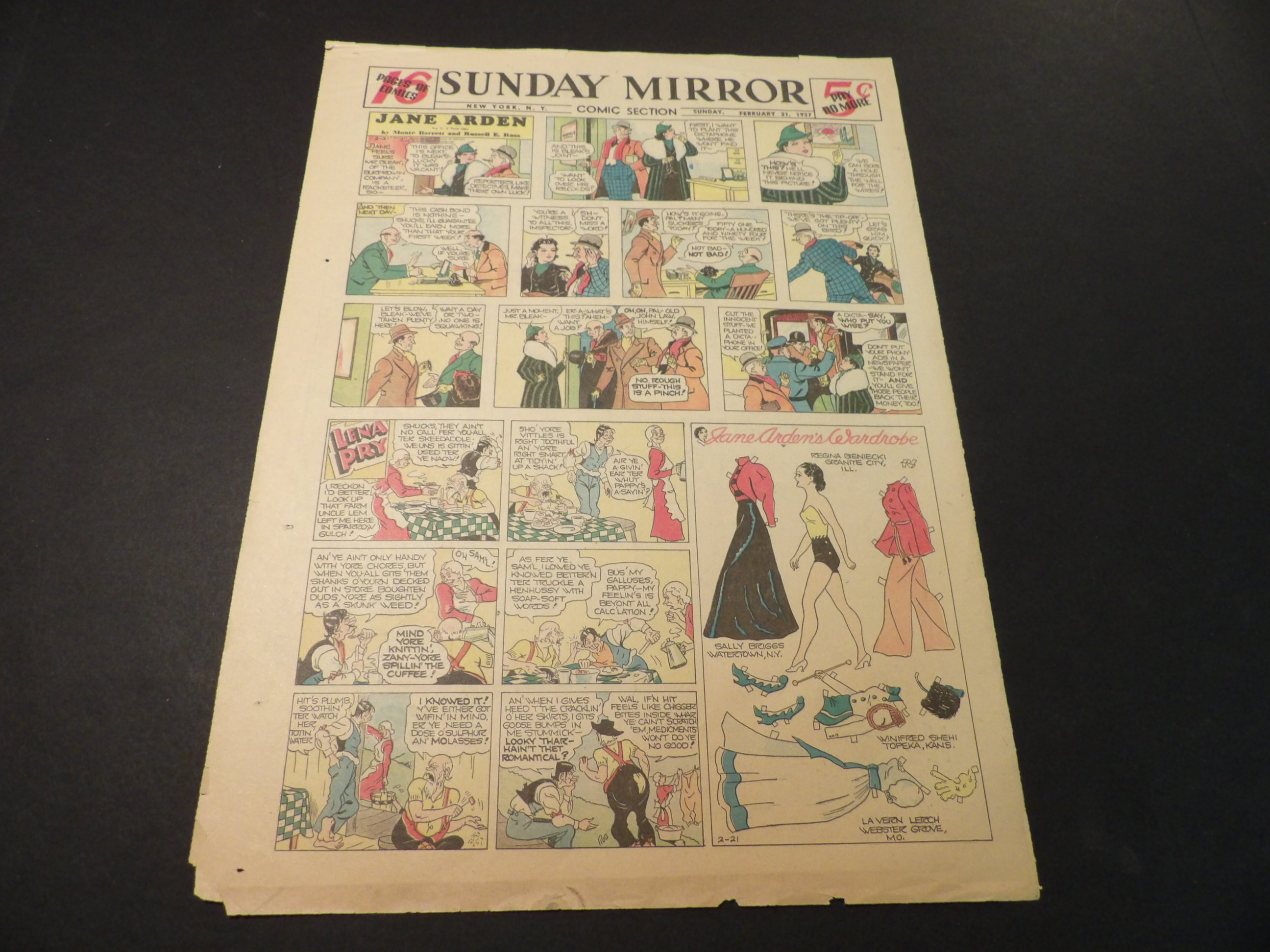 Jane Arden Sunday with Large Uncut Paper Doll from 6/4/1933 Full Size Page! 